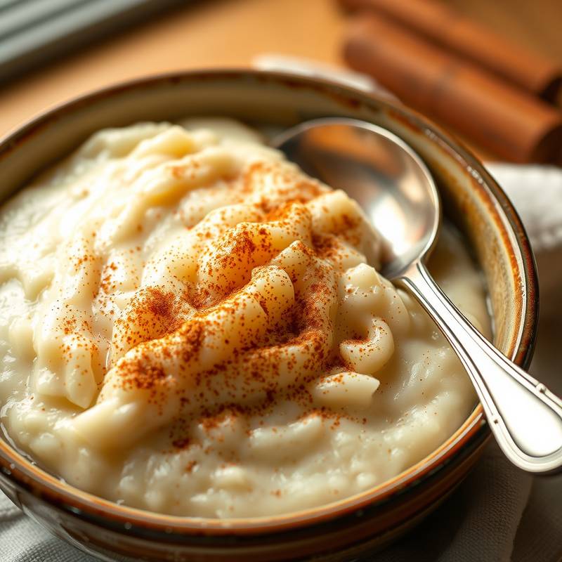 Arroz con leche espolvoreado con canela, presentado en un cuenco de cerámica.