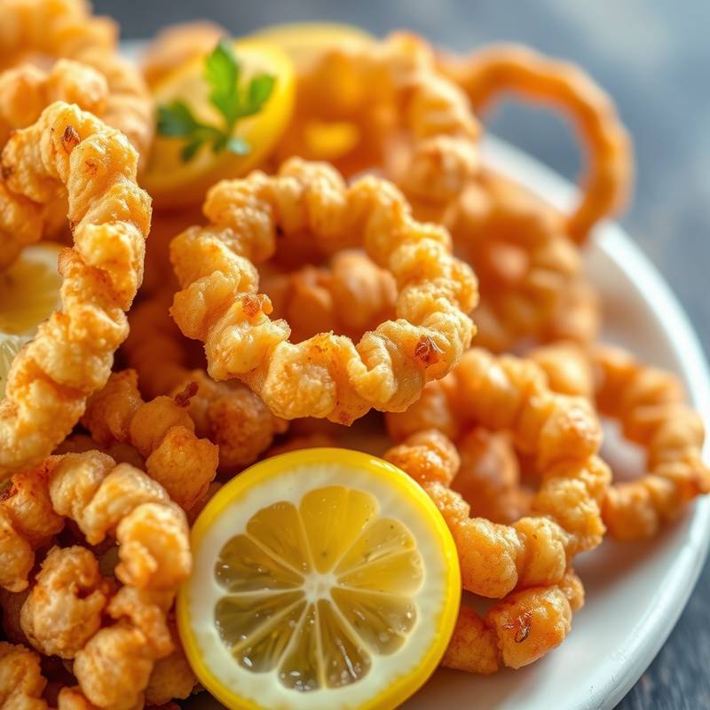 Calamares a la romana crujientes y dorados servidos con rodajas de limón.