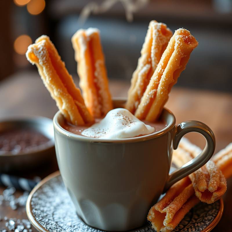 Churros crujientes servidos con una taza de chocolate caliente espeso.