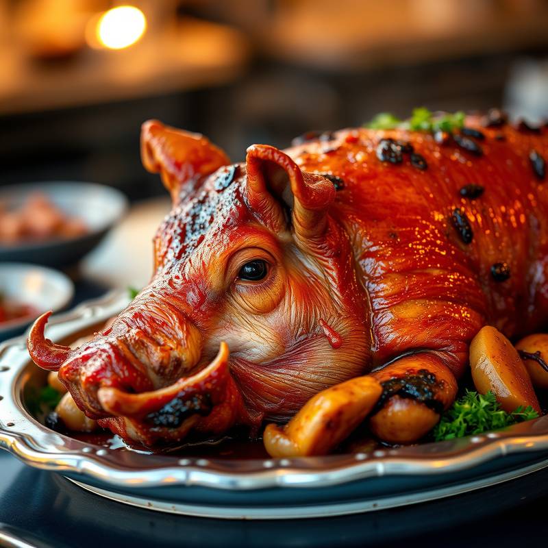 Cochinillo asado crujiente servido en una bandeja.