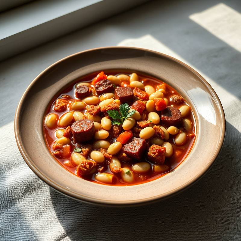 Fabada asturiana servida en un plato hondo con fabes blancas, chorizo, morcilla y tocino.