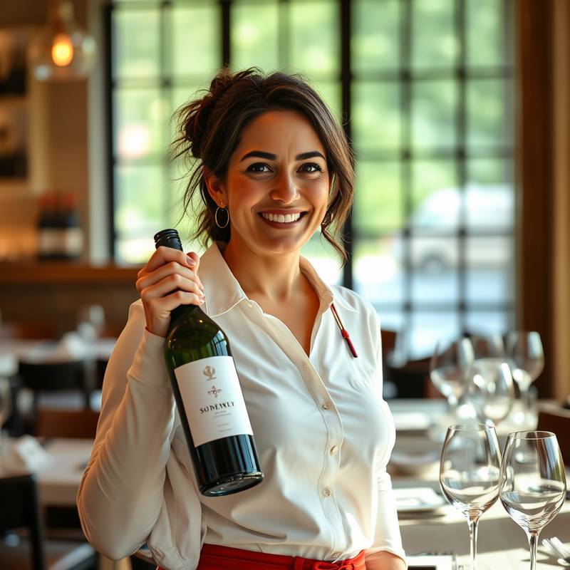 Fotografía de Isabel Rodríguez, sumiller del restaurante, sosteniendo una botella de vino.