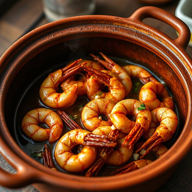Gambas al ajillo burbujeando en una cazuela de barro con aceite de oliva y ajo.