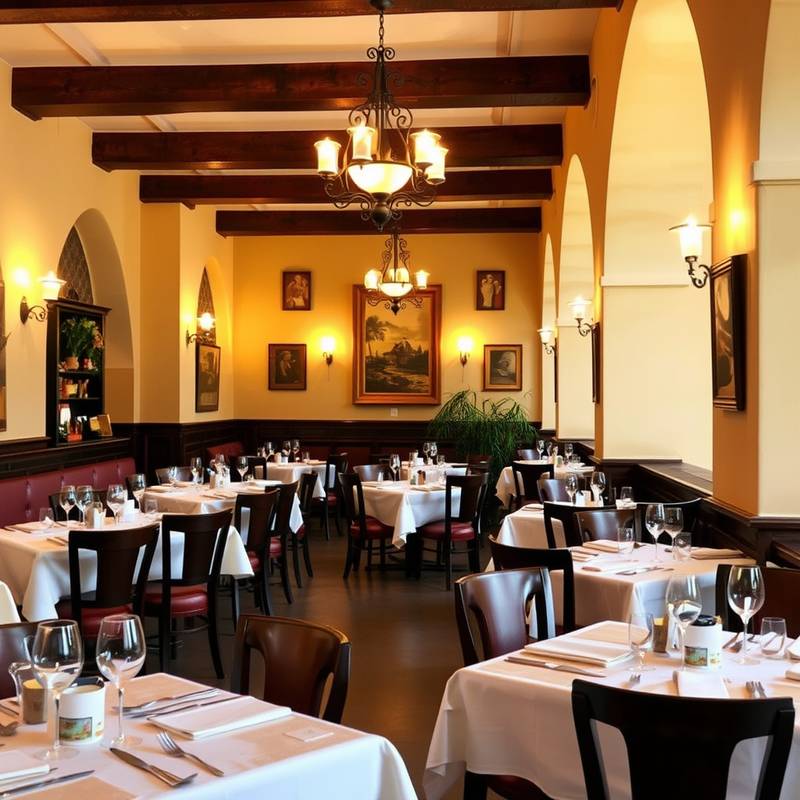 Interior del restaurante con mesas elegantemente preparadas y una decoración tradicional española.