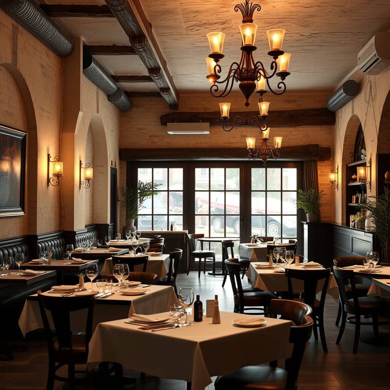 Interior del restaurante con mesas elegantemente dispuestas y decoración rústica.