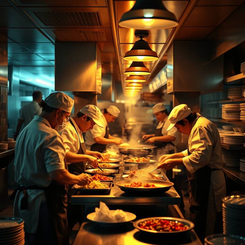 La cocina del restaurante en plena actividad, con cocineros preparando platos.
