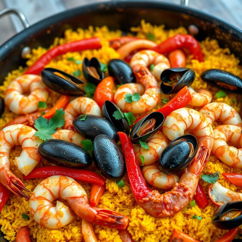Paella de marisco abundante con gambas, mejillones, calamares y pimientos sobre un lecho de arroz amarillo.