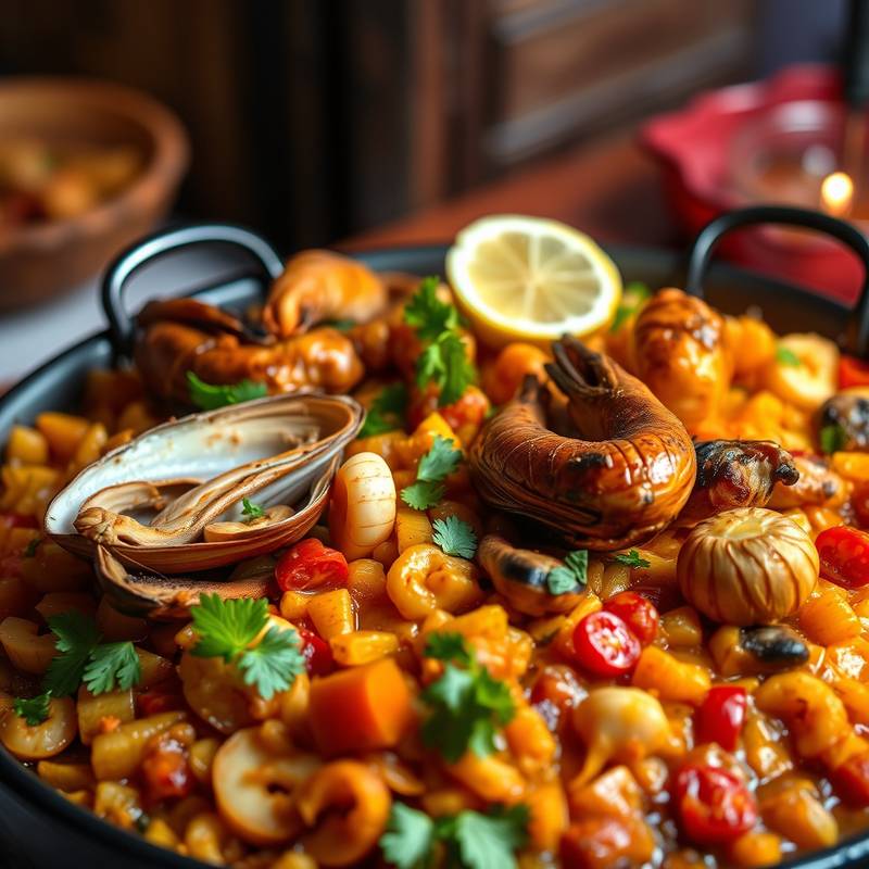 Paella Valenciana recién hecha, con mariscos y pollo.