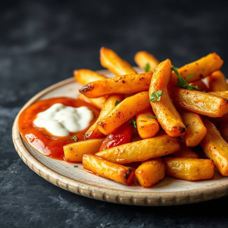Patatas bravas servidas con salsa brava roja y alioli blanco sobre un plato rústico.