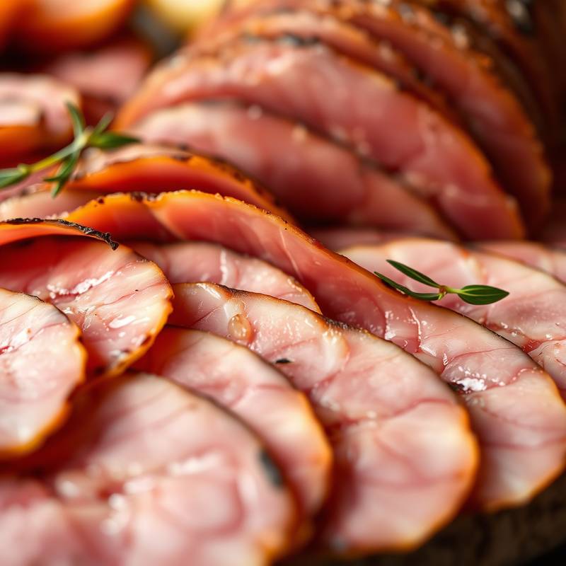 Plato de jamón ibérico cortado finamente, mostrando su veteado característico.