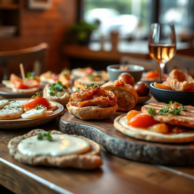 Variedad de tapas españolas sobre una mesa de madera.