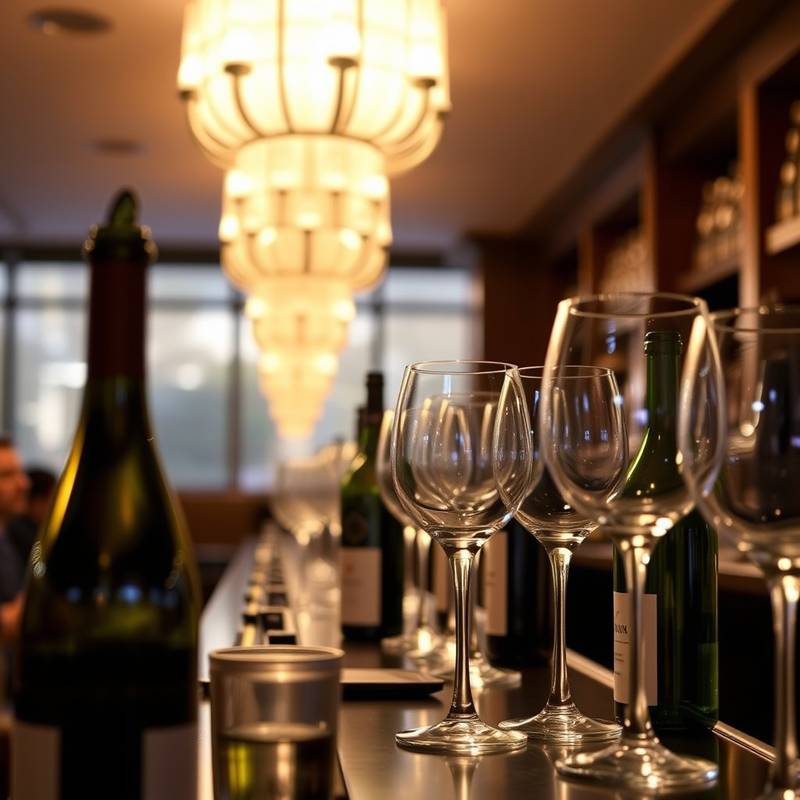 Vista parcial de la barra del restaurante con botellas de vino y copas relucientes.